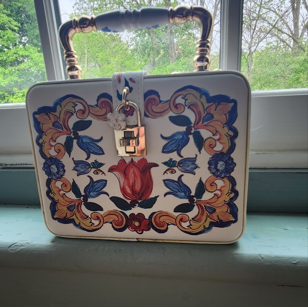 Floral Print Handbag with Gold Accents